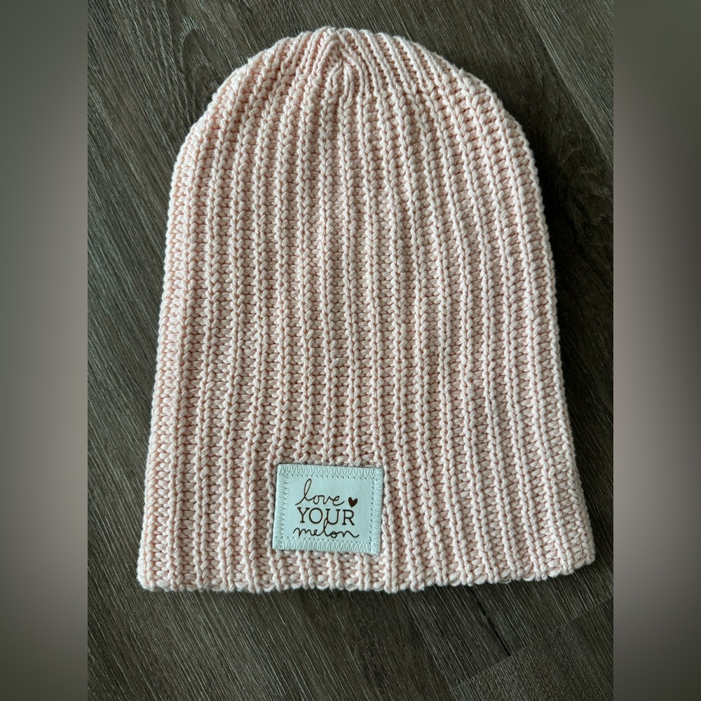 Love your Melon Pink Knit Beanie Hat with Rose Gold Foil